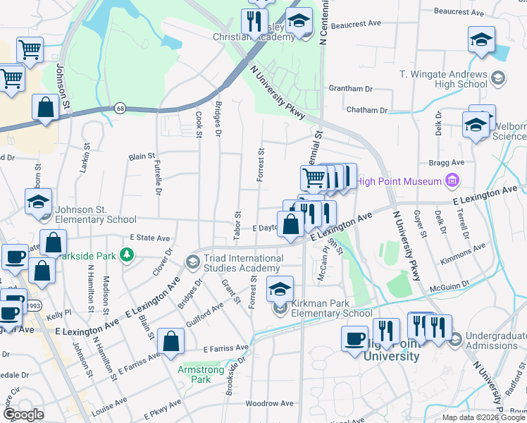 map of restaurants, bars, coffee shops, grocery stores, and more near 1110 Forrest Street in High Point