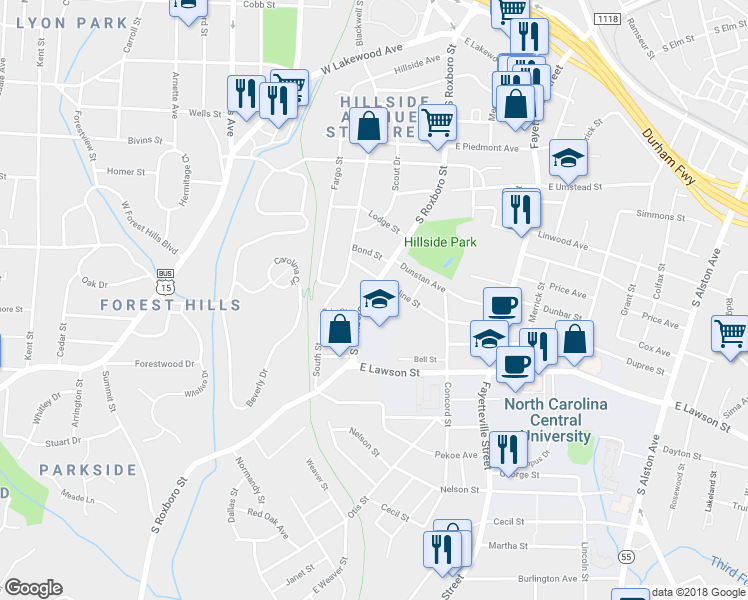map of restaurants, bars, coffee shops, grocery stores, and more near 1511 South Roxboro Street in Durham