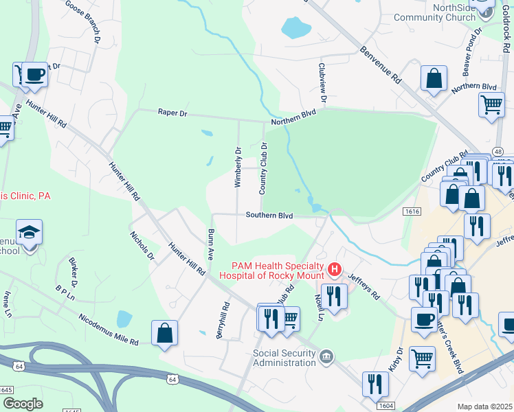 map of restaurants, bars, coffee shops, grocery stores, and more near 42 Country Club Drive in Rocky Mount