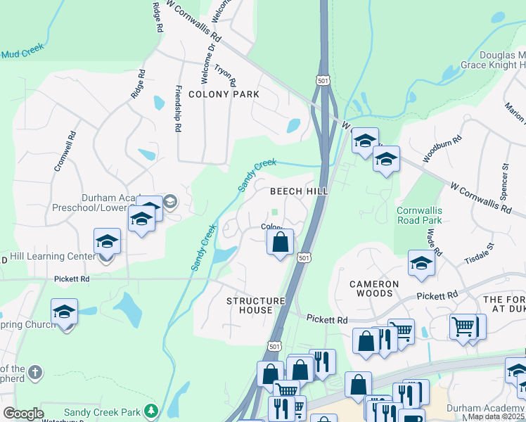map of restaurants, bars, coffee shops, grocery stores, and more near 3062 Colony Road in Durham