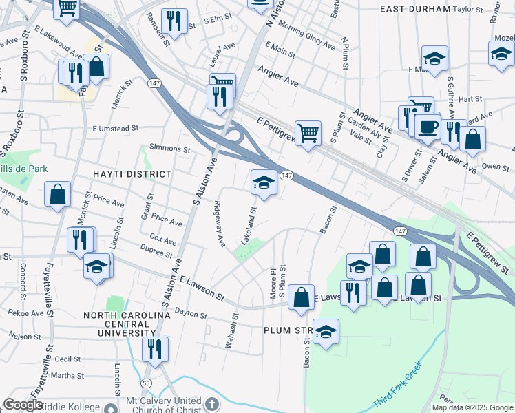 map of restaurants, bars, coffee shops, grocery stores, and more near 1500 Mathison Street in Durham
