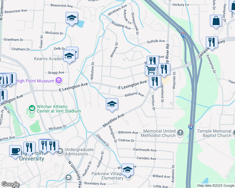 map of restaurants, bars, coffee shops, grocery stores, and more near 2411 Williams Avenue in High Point