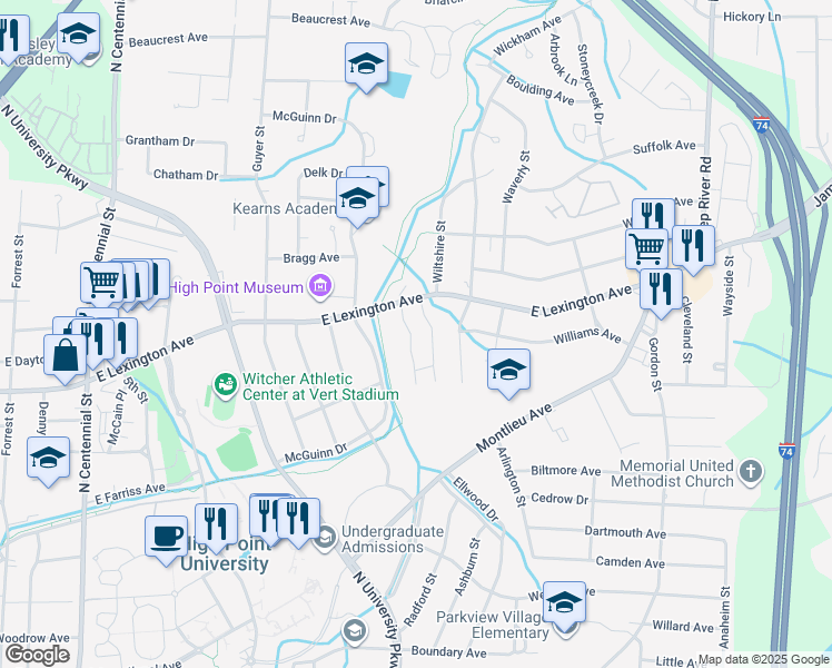 map of restaurants, bars, coffee shops, grocery stores, and more near 1319 Bailey Circle in High Point
