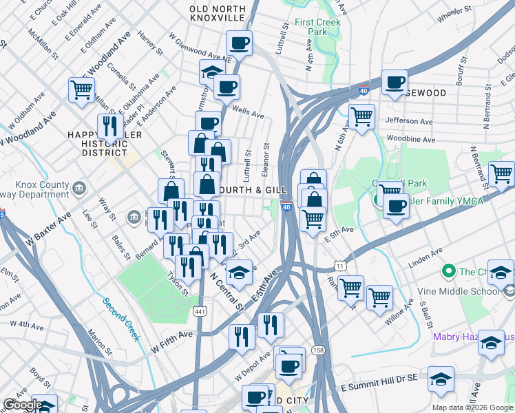 map of restaurants, bars, coffee shops, grocery stores, and more near in Knoxville