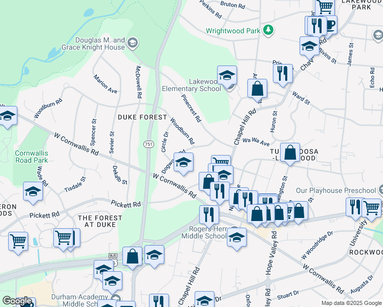 map of restaurants, bars, coffee shops, grocery stores, and more near 2729 Dogwood Road in Durham