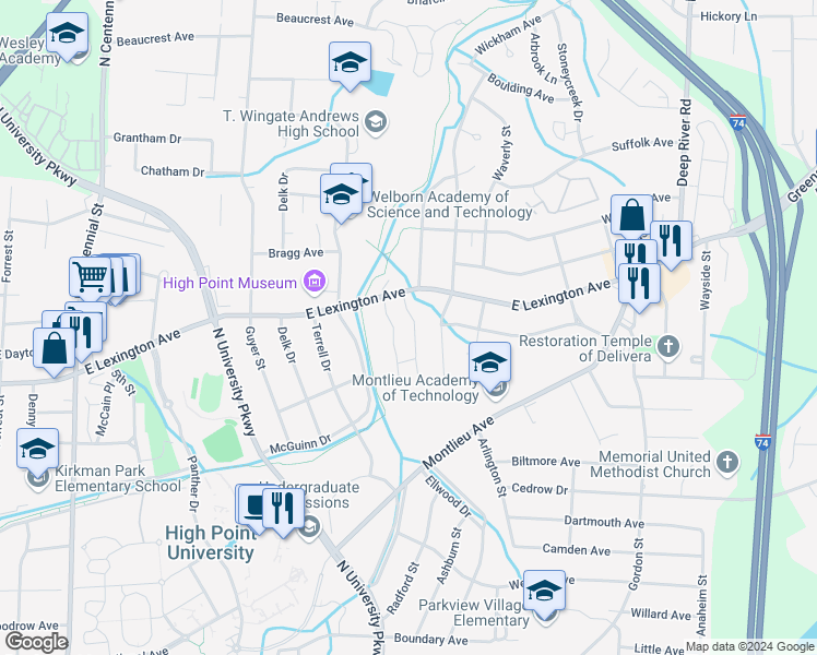 map of restaurants, bars, coffee shops, grocery stores, and more near 1431 Bailey Circle in High Point