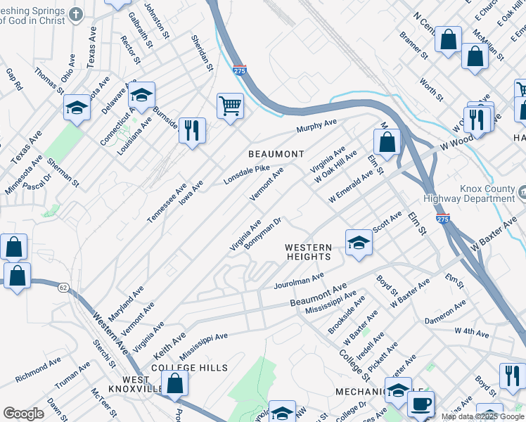 map of restaurants, bars, coffee shops, grocery stores, and more near 1245 Virginia Avenue in Knoxville