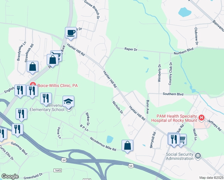 map of restaurants, bars, coffee shops, grocery stores, and more near Hunter Hill Road in Rocky Mount