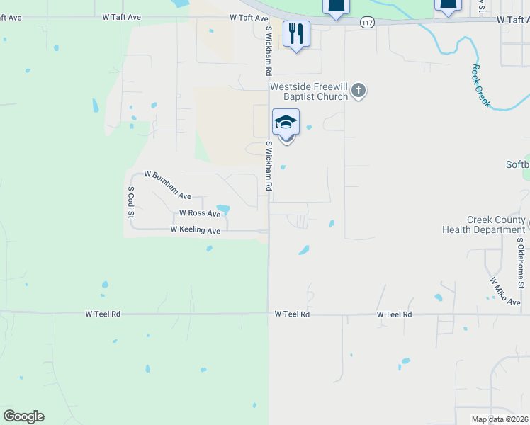 map of restaurants, bars, coffee shops, grocery stores, and more near 1200 South Wickham Road in Sapulpa