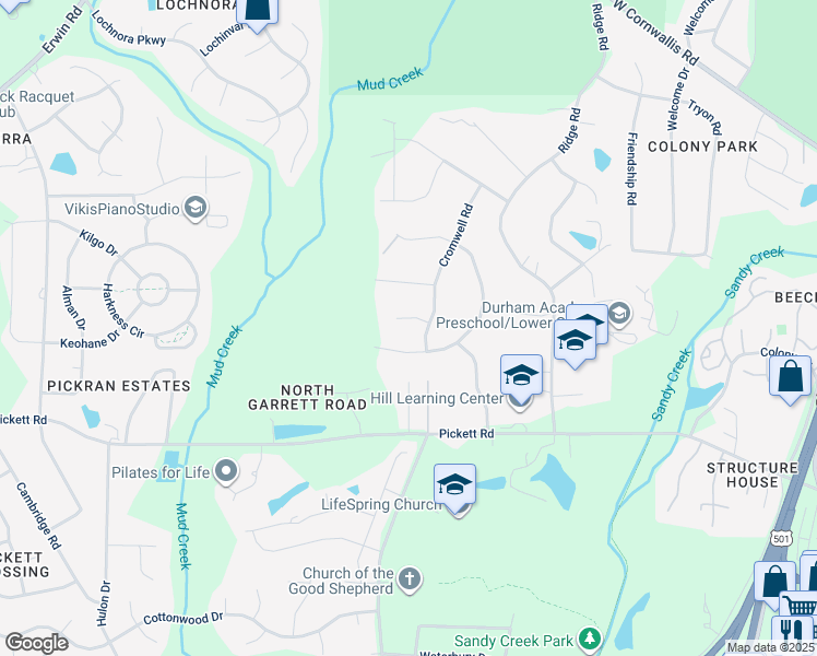 map of restaurants, bars, coffee shops, grocery stores, and more near 3409 Ogburn Court in Durham