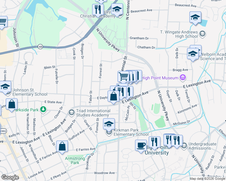 map of restaurants, bars, coffee shops, grocery stores, and more near 1004 Charlotte Avenue in High Point