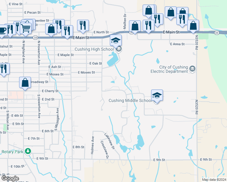 map of restaurants, bars, coffee shops, grocery stores, and more near 1619 Timber Ridge Drive in Cushing