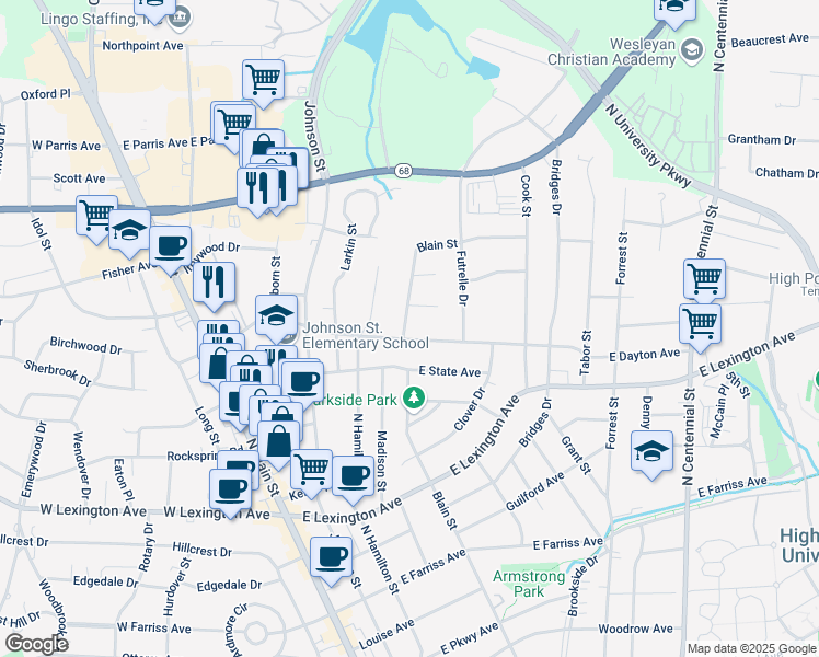 map of restaurants, bars, coffee shops, grocery stores, and more near 501 East Dayton Avenue in High Point