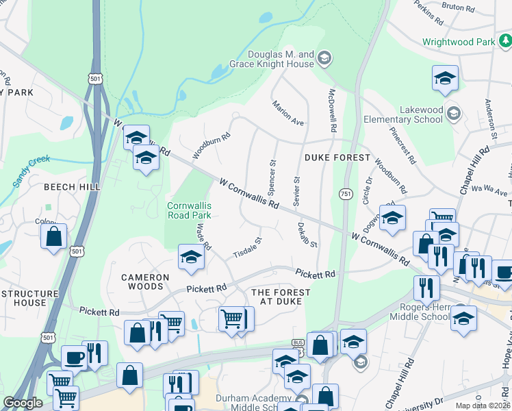 map of restaurants, bars, coffee shops, grocery stores, and more near 1609 West Cornwallis Road in Durham