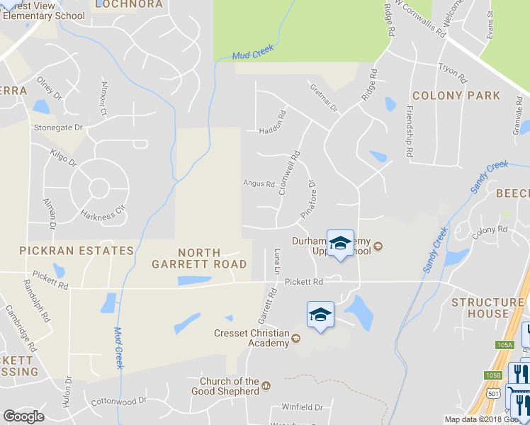 map of restaurants, bars, coffee shops, grocery stores, and more near 3409 Ogburn Court in Durham