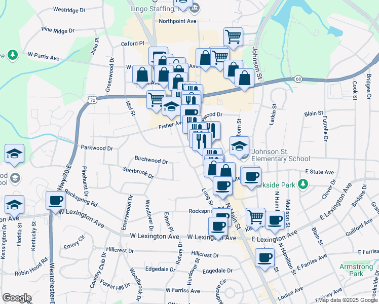 map of restaurants, bars, coffee shops, grocery stores, and more near 1606 Long Street in High Point