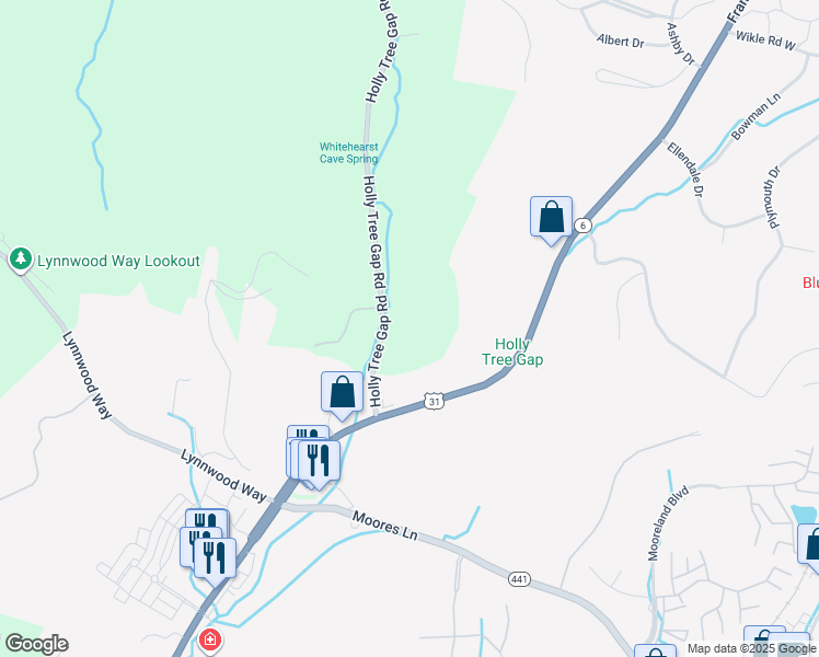 map of restaurants, bars, coffee shops, grocery stores, and more near 1360 Holly Tree Gap Road in Brentwood