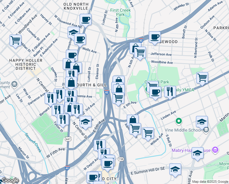 map of restaurants, bars, coffee shops, grocery stores, and more near 748 North 4th Avenue in Knoxville