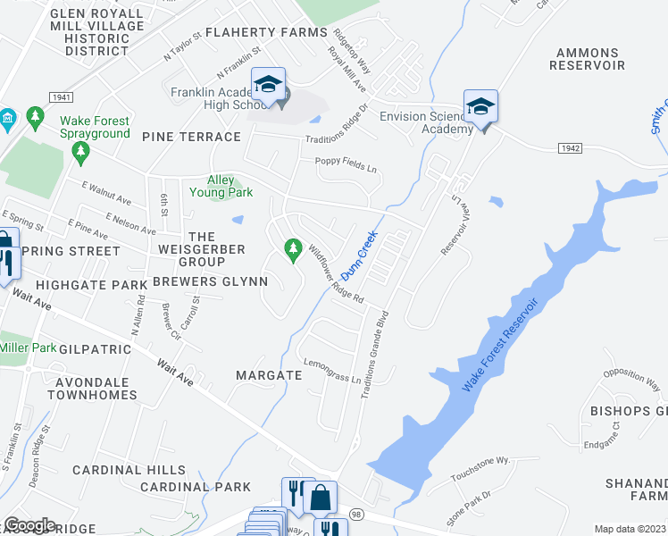 map of restaurants, bars, coffee shops, grocery stores, and more near 400 Nightingale Court in Wake Forest