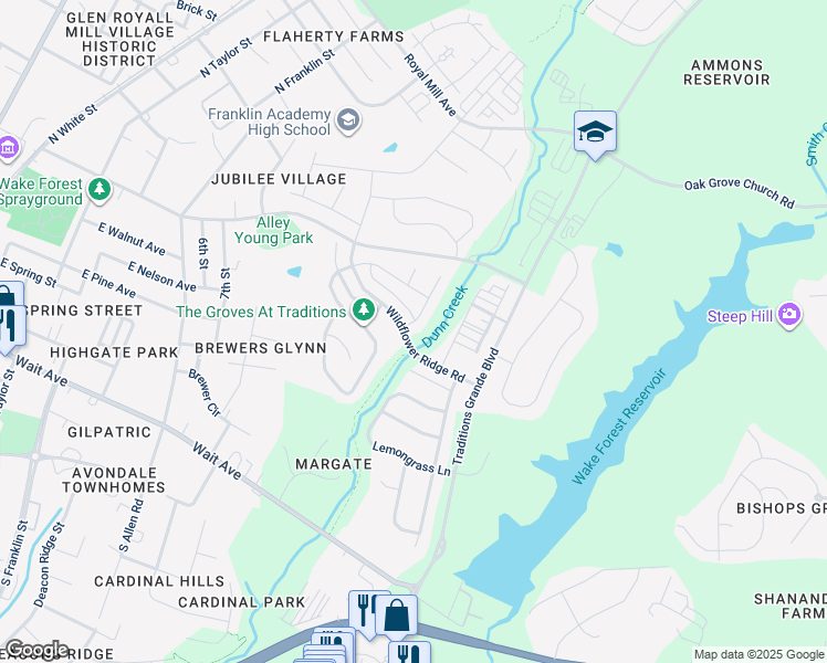 map of restaurants, bars, coffee shops, grocery stores, and more near 400 Nightingale Court in Wake Forest