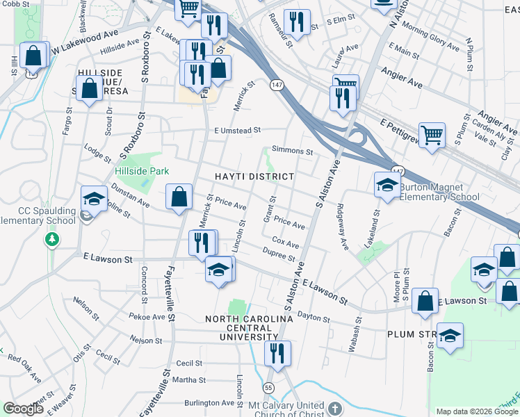 map of restaurants, bars, coffee shops, grocery stores, and more near 706 Massey Avenue in Durham