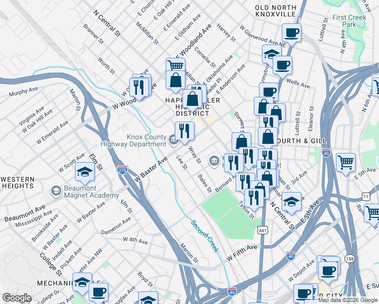 map of restaurants, bars, coffee shops, grocery stores, and more near 145 Hinton Avenue in Knoxville