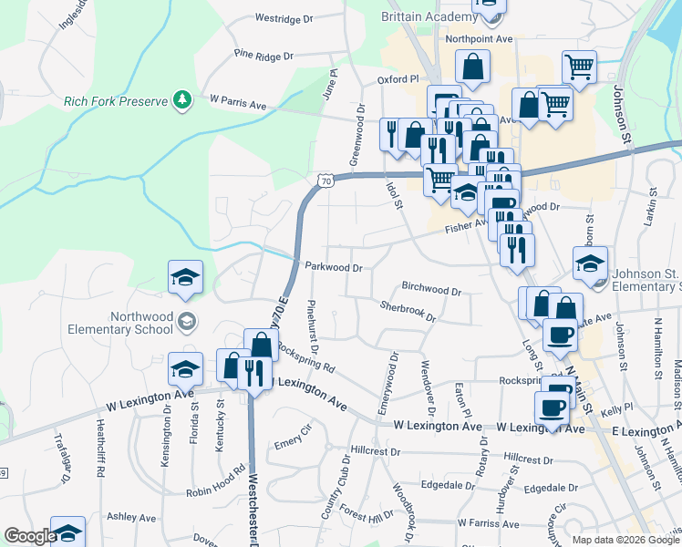 map of restaurants, bars, coffee shops, grocery stores, and more near 1709 Whitehall Street in High Point