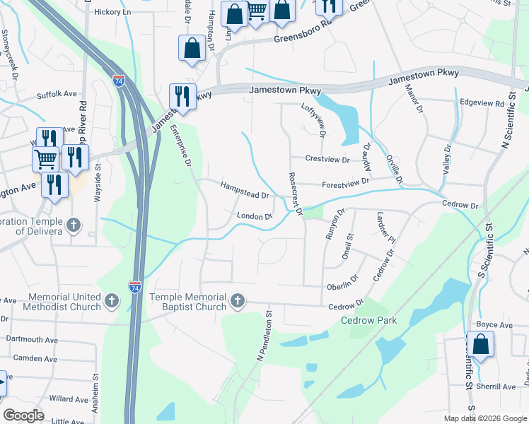map of restaurants, bars, coffee shops, grocery stores, and more near 1459 London Drive in High Point