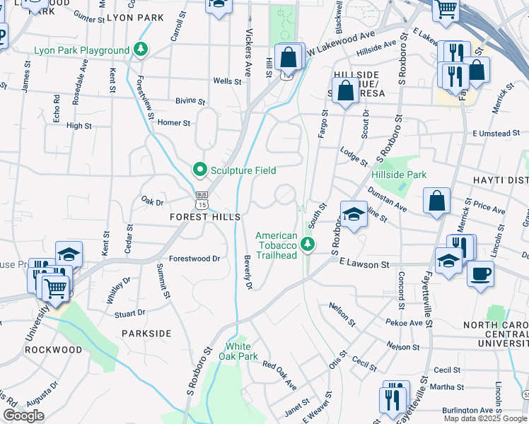 map of restaurants, bars, coffee shops, grocery stores, and more near 509 Compton Place in Durham