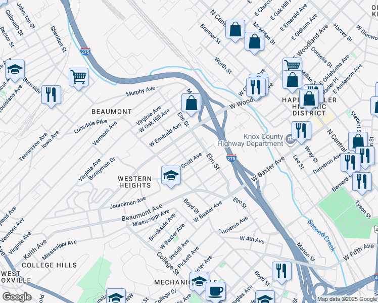 map of restaurants, bars, coffee shops, grocery stores, and more near 824 West Woodland Avenue in Knoxville