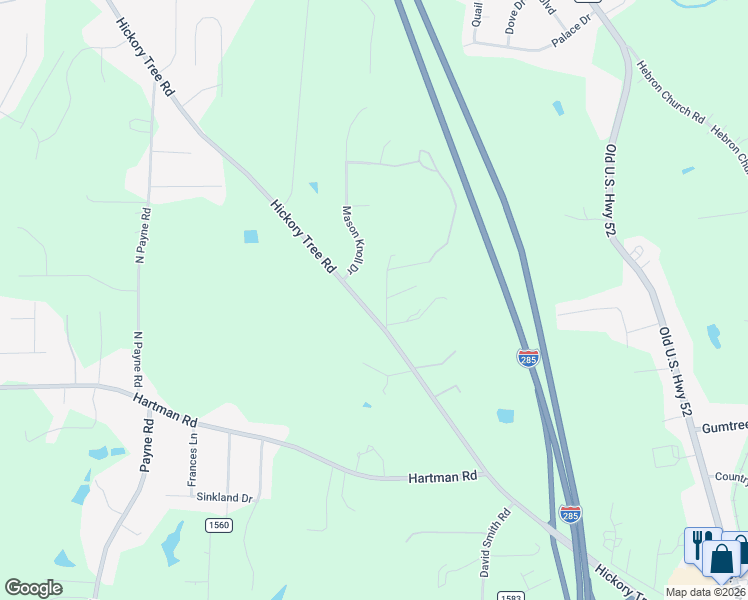map of restaurants, bars, coffee shops, grocery stores, and more near 1380 Hickory Tree Road in Winston-Salem