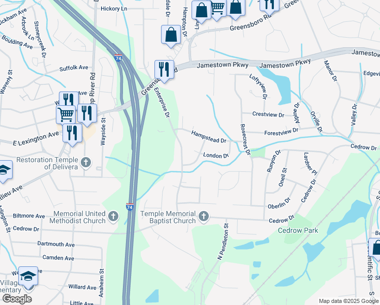 map of restaurants, bars, coffee shops, grocery stores, and more near 1438 London Drive in High Point