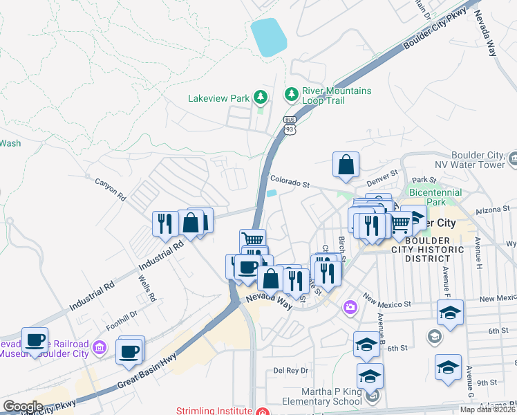 map of restaurants, bars, coffee shops, grocery stores, and more near 800 Industrial Road in Boulder City