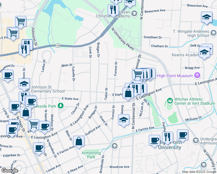 map of restaurants, bars, coffee shops, grocery stores, and more near 1010 Tabor Street in High Point