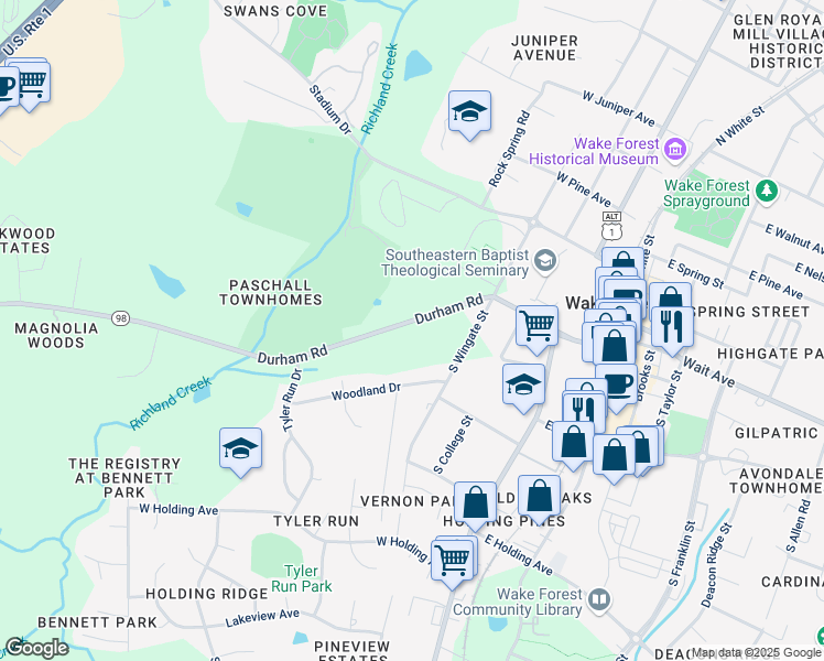 map of restaurants, bars, coffee shops, grocery stores, and more near 377 Durham Road in Wake Forest