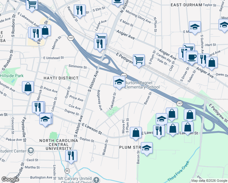 map of restaurants, bars, coffee shops, grocery stores, and more near 1500 Mathison Street in Durham