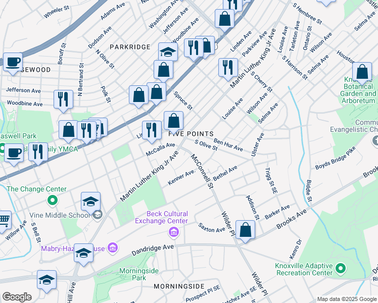 map of restaurants, bars, coffee shops, grocery stores, and more near 334 McConnell Street in Knoxville