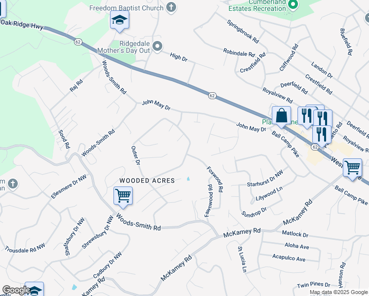 map of restaurants, bars, coffee shops, grocery stores, and more near 5731 Wooded Acres Drive Northwest in Knoxville