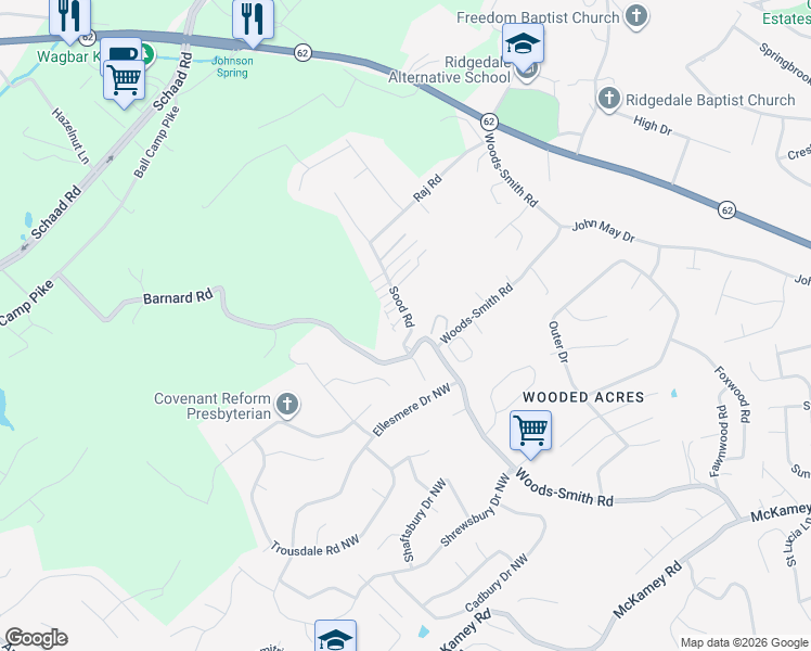 map of restaurants, bars, coffee shops, grocery stores, and more near 2705 Sood Road in Knoxville