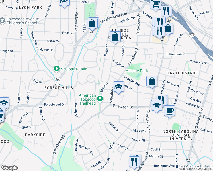 map of restaurants, bars, coffee shops, grocery stores, and more near 1505 South Street in Durham