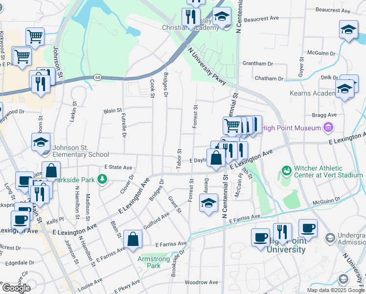 map of restaurants, bars, coffee shops, grocery stores, and more near 1010 Tabor Street in High Point
