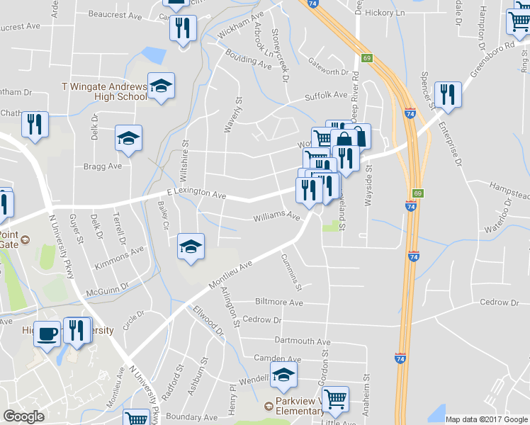 map of restaurants, bars, coffee shops, grocery stores, and more near 2427 Williams Avenue in High Point