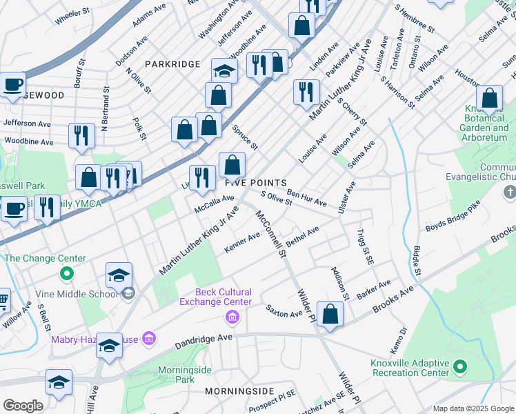 map of restaurants, bars, coffee shops, grocery stores, and more near 334 McConnell Street in Knoxville