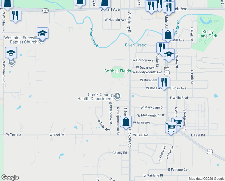 map of restaurants, bars, coffee shops, grocery stores, and more near 1723 South Oklahoma Street in Sapulpa
