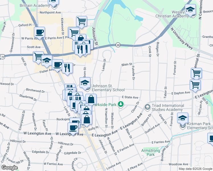 map of restaurants, bars, coffee shops, grocery stores, and more near 1603 North Hamilton Street in High Point