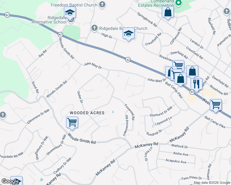 map of restaurants, bars, coffee shops, grocery stores, and more near 5731 Wooded Acres Drive Northwest in Knoxville