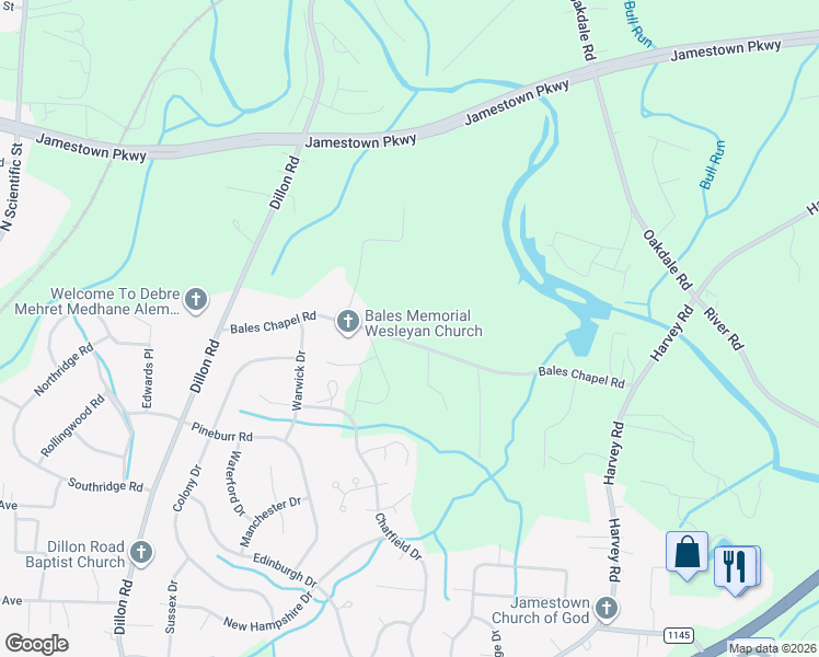 map of restaurants, bars, coffee shops, grocery stores, and more near 1015 Bales Chapel Road in Jamestown