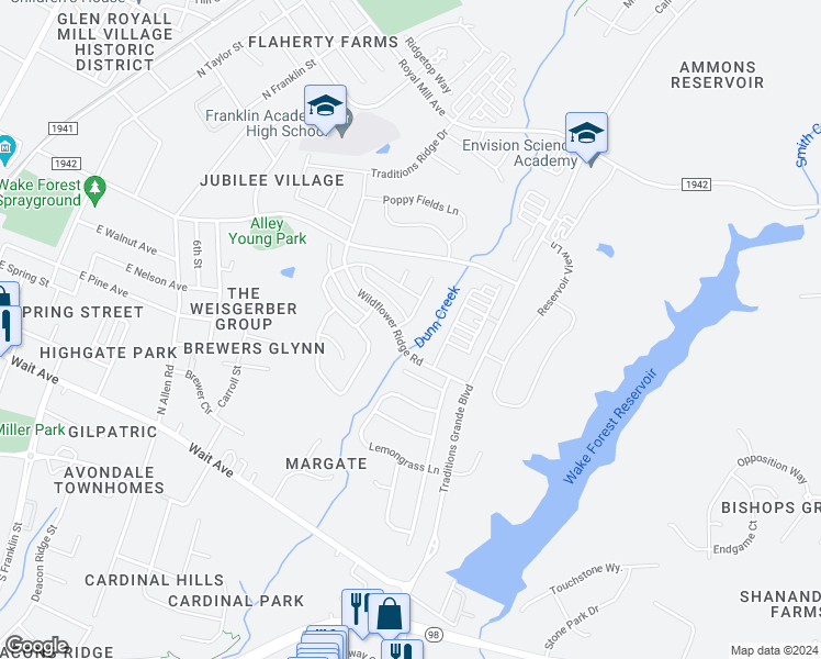map of restaurants, bars, coffee shops, grocery stores, and more near 404 Nightingale Court in Wake Forest