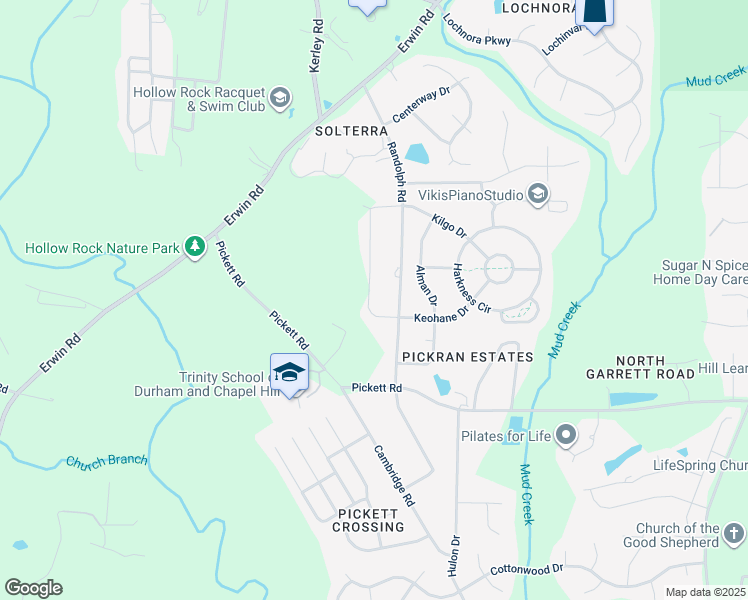 map of restaurants, bars, coffee shops, grocery stores, and more near 3818 Keohane Drive in Durham