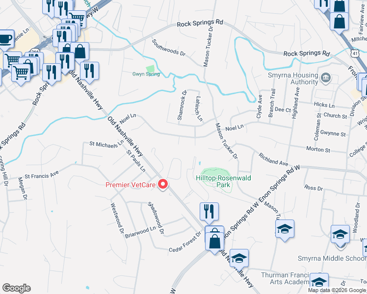map of restaurants, bars, coffee shops, grocery stores, and more near 105 Irish Place in Smyrna